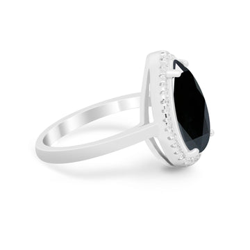 Halo Teardrop Wedding Ring Pear Simulated Black CZ 925 Sterling Silver